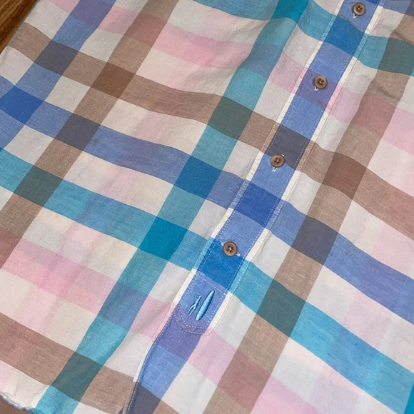 Johnnie O men’s shirt large hangin out short sleeve button down linen gingham - Picture 3 of 8